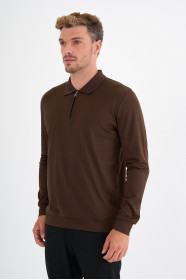 Brown Mercerised Long Sleeve Zip Polo