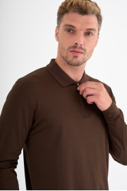 Brown Mercerised Long Sleeve Zip Polo