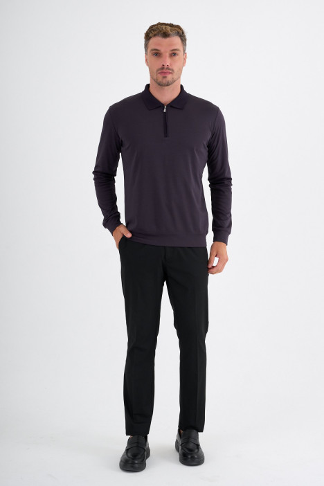 Purple Mercerised Long Sleeve Zip Polo