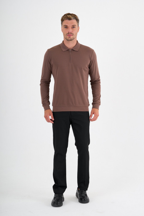 Mink Mercerised Long Sleeve Zip Polo