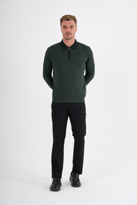 Bottle Green Mercerised Long Sleeve Zip Polo