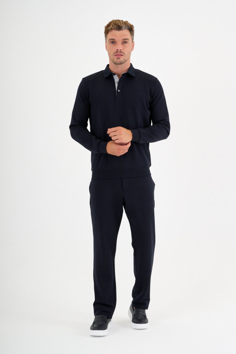 Navy Interlock Polo Sweatshirt – Grey Placket