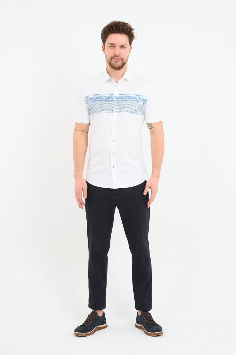 Bosmenti Shirt Collar Short Sleeve Printed - BLUE