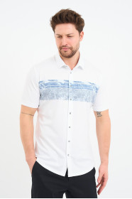 Bosmenti Shirt Collar Short Sleeve Printed - BLUE