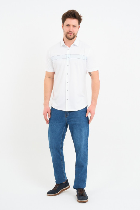 Bosmenti Shirt Collar Short Sleeve Striped - BLUE