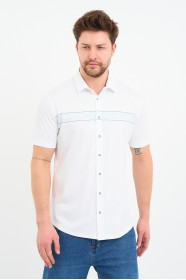 Bosmenti Shirt Collar Short Sleeve Striped - BLUE