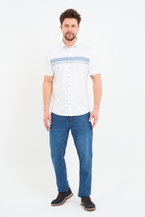 Bosmenti Shirt Collar Short Sleeve Striped - NAVY