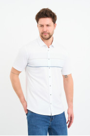 Bosmenti Shirt Collar Short Sleeve Striped - BLUE