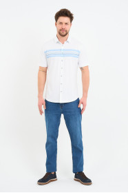 Bosmenti Shirt Collar Short Sleeve Striped - BLUE