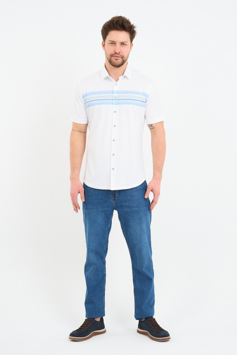 Bosmenti Shirt Collar Short Sleeve Striped - BLUE