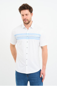 Bosmenti Shirt Collar Short Sleeve Striped - BLUE