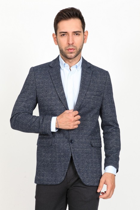 HERRINGBONE PATTERNED REGULAR FIT BLAZER. BLUE