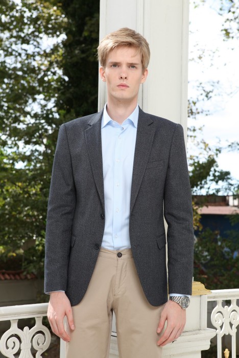 MICRO PATTERNED REGULAR FIT BLAZER. NAVY BLUE