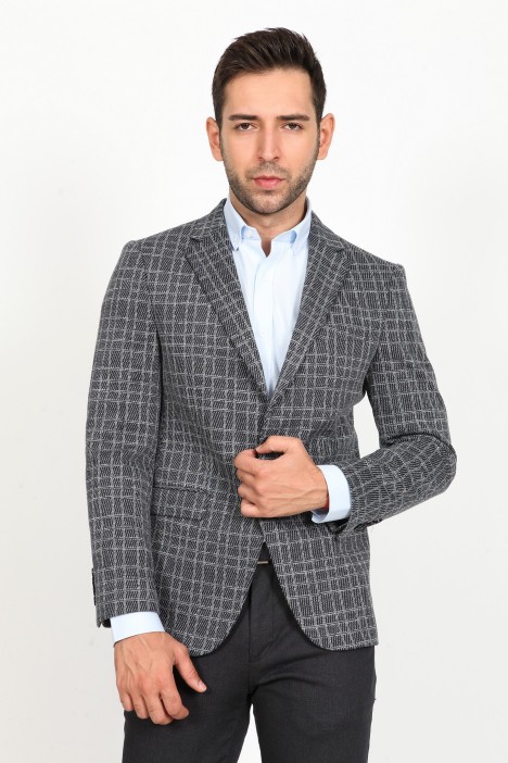 CHECKED AND MICRO PATTERNED REGULAR FIT BLAZER. NAVY BLUE