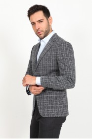 CHECKED AND MICRO PATTERNED REGULAR FIT BLAZER. NAVY BLUE