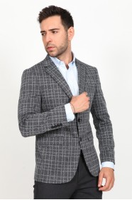 CHECKED AND MICRO PATTERNED REGULAR FIT BLAZER. NAVY BLUE