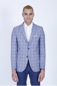 CHECKED AND MICRO PATTERNED REGULAR FIT BLAZER. NAVY BLUE