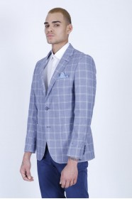 CHECKED AND MICRO PATTERNED REGULAR FIT BLAZER. NAVY BLUE
