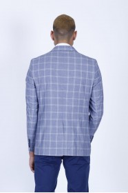 CHECKED AND MICRO PATTERNED REGULAR FIT BLAZER. NAVY BLUE