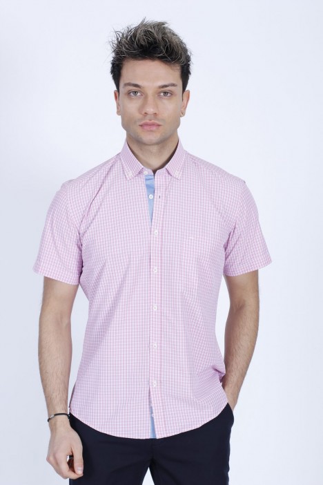 COTTON SHIRT IN PİNK COLOUR, SHORT SLEEVES, AND REGULAR FIT MOLD.