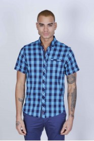 SPORT COTTON SHIRT IN BLUE COLORED, SHORT SLEEVE, SNAP-BUTTON ON THE FRONT.