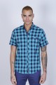 SPORT COTTON SHIRT IN BLUE COLORED, SHORT SLEEVE, SNAP-BUTTON ON THE FRONT.