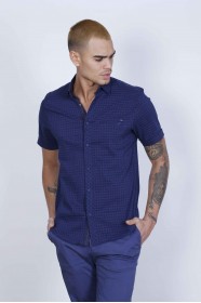 SPORT COTTON SHIRT IN DARK NAVY BLUE COLORED, SHORT SLEEVE, SNAP-BUTTON ON THE FRONT.