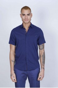 SPORT COTTON SHIRT IN DARK NAVY BLUE COLORED, SHORT SLEEVE, SNAP-BUTTON ON THE FRONT.