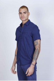 SPORT COTTON SHIRT IN DARK NAVY BLUE COLORED, SHORT SLEEVE, SNAP-BUTTON ON THE FRONT.