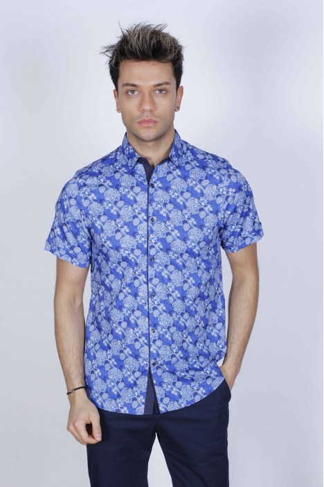 BLUE COLORED, SPORT COTTON SHIRT, SHORT SLEEVE, BUTTON FASTENING ON THE FRONT