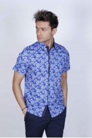 BLUE COLORED, SPORT COTTON SHIRT, SHORT SLEEVE, BUTTON FASTENING ON THE FRONT
