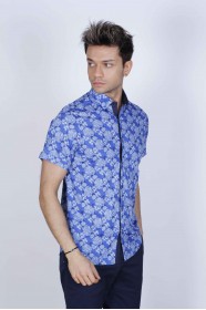 BLUE COLORED, SPORT COTTON SHIRT, SHORT SLEEVE, BUTTON FASTENING ON THE FRONT