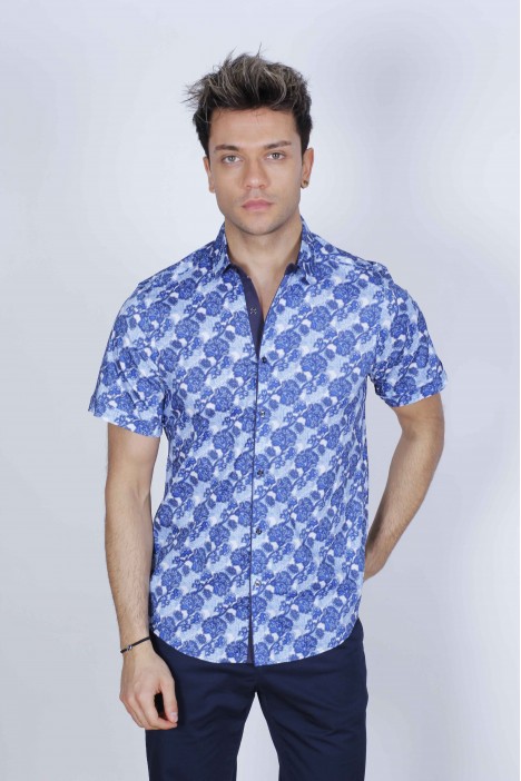 NAVY BLUE COLORED, SPORT COTTON SHIRT, SHORT SLEEVE, BUTTON FASTENING ON THE FRONT