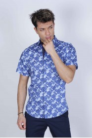 NAVY BLUE COLORED, SPORT COTTON SHIRT, SHORT SLEEVE, BUTTON FASTENING ON THE FRONT