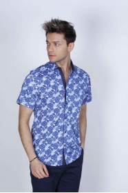 NAVY BLUE COLORED, SPORT COTTON SHIRT, SHORT SLEEVE, BUTTON FASTENING ON THE FRONT