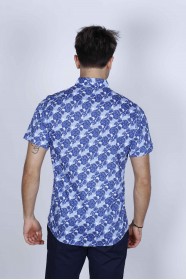 NAVY BLUE COLORED, SPORT COTTON SHIRT, SHORT SLEEVE, BUTTON FASTENING ON THE FRONT