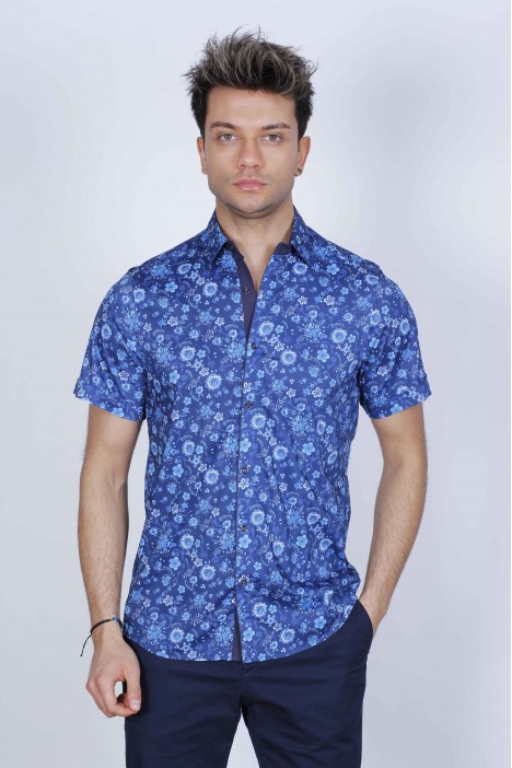 SPORT COTTON SHIRT, SHORT SLEEVE, BUTTON FASTENING ON THE FRONT. NAVY-BLUE