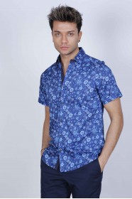 SPORT COTTON SHIRT, SHORT SLEEVE, BUTTON FASTENING ON THE FRONT. NAVY-BLUE