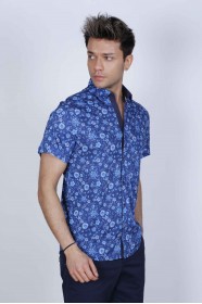 SPORT COTTON SHIRT, SHORT SLEEVE, BUTTON FASTENING ON THE FRONT. NAVY-BLUE