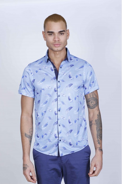 BLUE COLORED, SPORT COTTON SHIRT, SHORT SLEEVE, BUTTON FASTENING ON THE FRONT