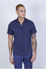 SPORT COTTON SHIRT IN NAVY BLUE COLORED, SHORT SLEEVE, SNAP-BUTTON ON THE FRONT.