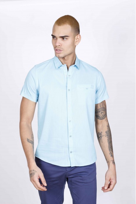 SPORT COTTON SHIRT IN TURQUOISE, SHORT SLEEVE, SNAP-BUTTON ON THE FRONT.