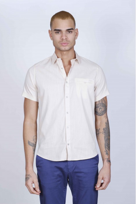 SPORT COTTON SHIRT IN CREAM, SHORT SLEEVE, SNAP-BUTTON ON THE FRONT.