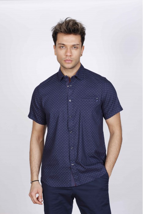 SPORT COTTON SHIRT IN NAVY BLUE COLORED, SHORT SLEEVE, SNAP-BUTTON ON THE FRONT.
