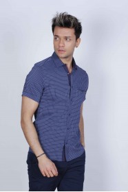 SPORT COTTON SHIRT WITH SHORT SLEEVE CHECKED FRONT. NAVY-BLUE