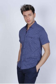SPORT COTTON SHIRT WITH SHORT SLEEVE CHECKED FRONT. NAVY-BLUE