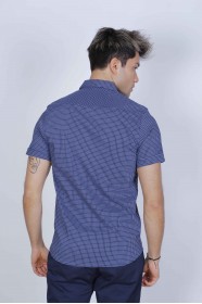SPORT COTTON SHIRT WITH SHORT SLEEVE CHECKED FRONT. NAVY-BLUE