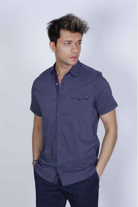 SPORT COTTON SHIRT WITH SHORT SLEEVE CHECKED FRONT. BROWN