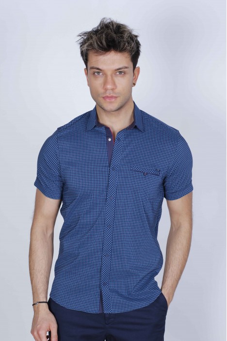 SPORT COTTON SHIRT WITH SHORT SLEEVE CHECKED FRONT. TURQUOISE