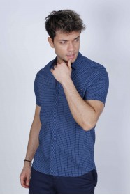 SPORT COTTON SHIRT WITH SHORT SLEEVE CHECKED FRONT. TURQUOISE